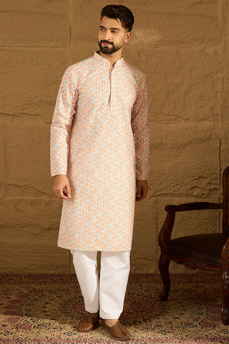 orange viscose rayon geometric printed straight kurta with trouser