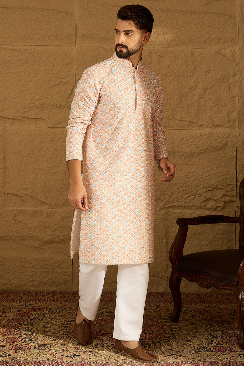 orange viscose rayon geometric printed straight kurta with trouser