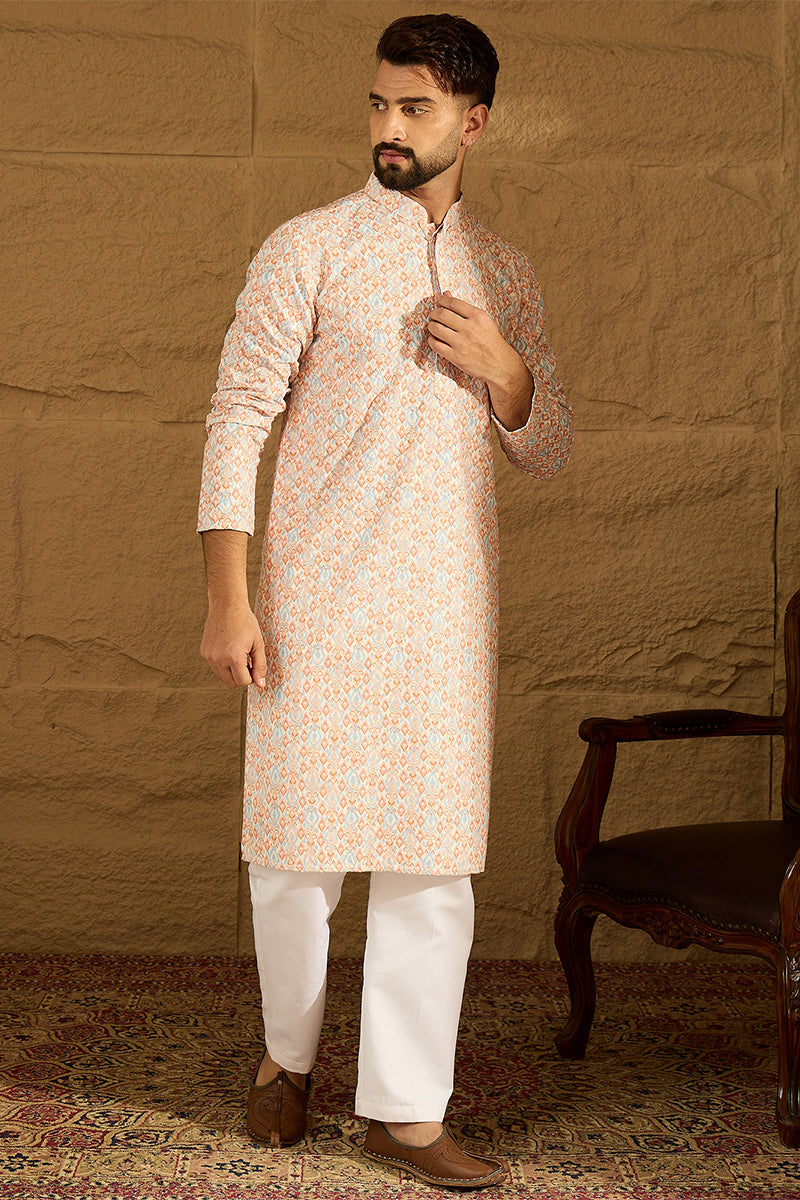 orange viscose rayon geometric printed straight kurta with trouser