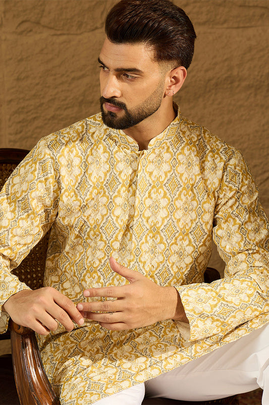 Yellow Viscose Rayon Geometric Printed Straight Kurta MKU1601