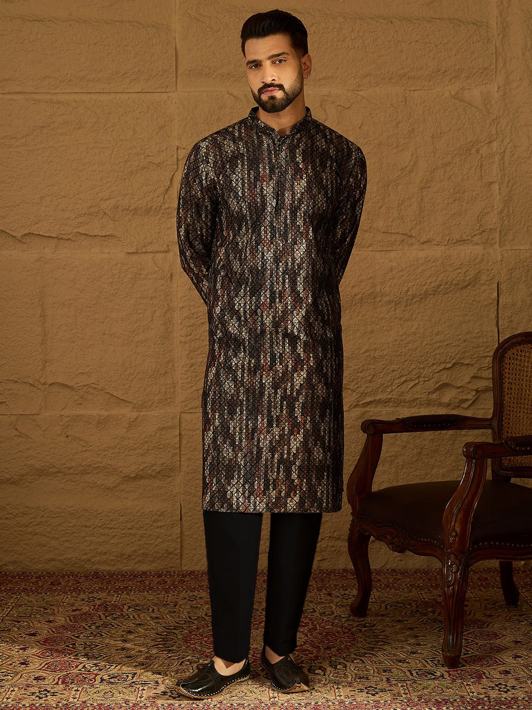 Black Viscose Rayon Striped Printed Straight Kurta with Trouser