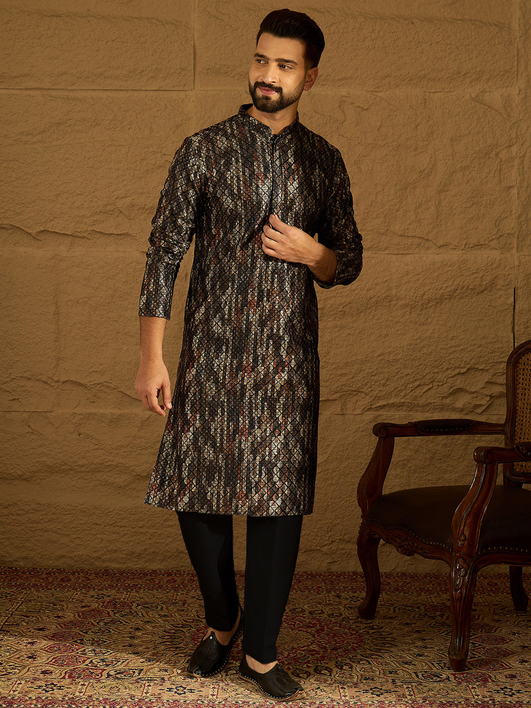 Black Viscose Rayon Striped Printed Straight Kurta with Trouser MKSET1607