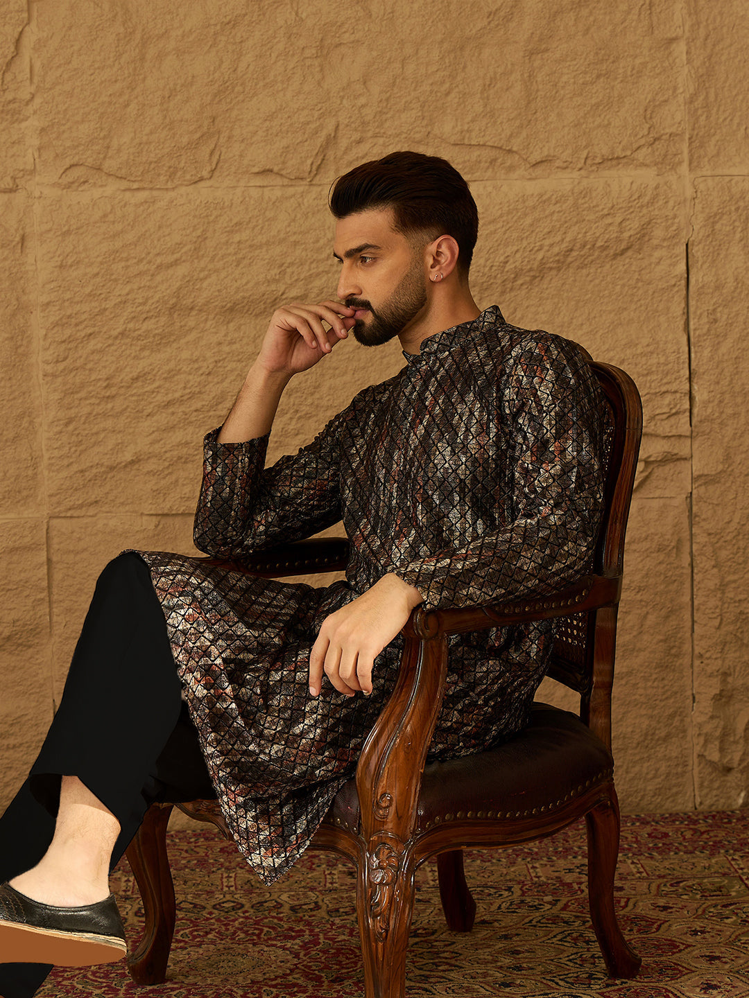 Black Viscose Rayon Striped Printed Straight Kurta with Trouser