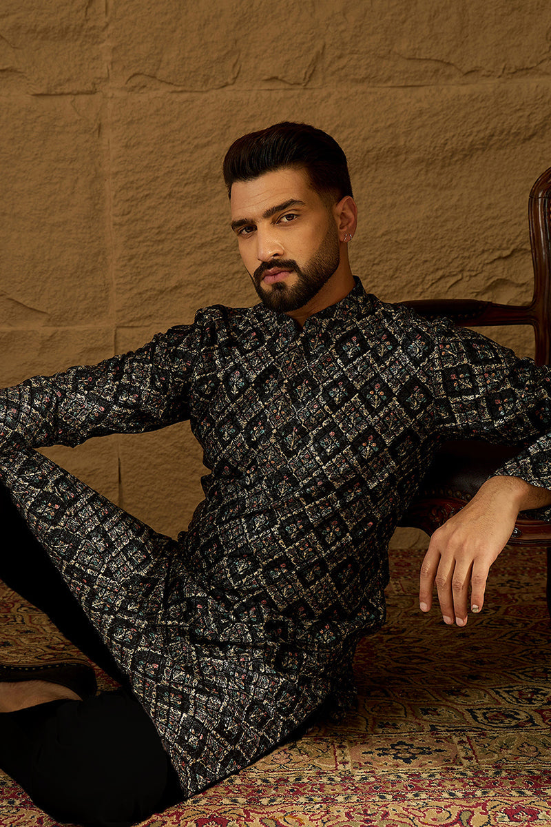 black viscose rayon geometric printed straight kurta with trouser