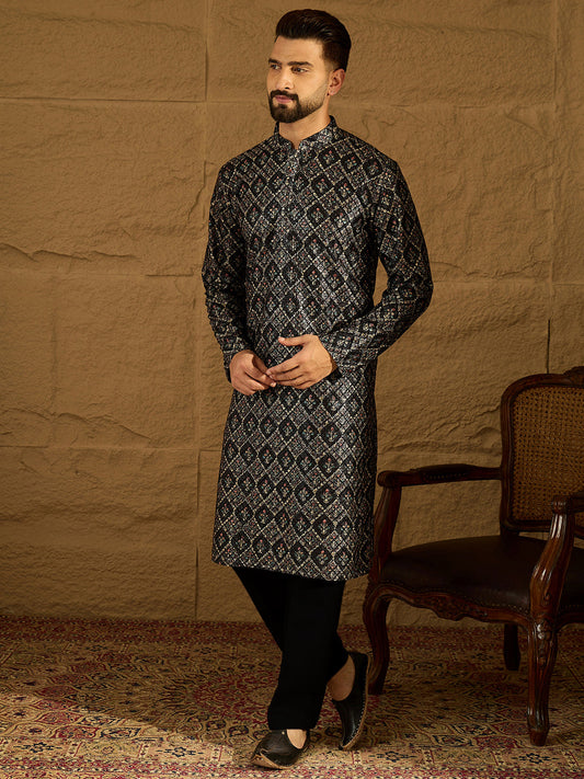 black viscose rayon geometric printed straight kurta