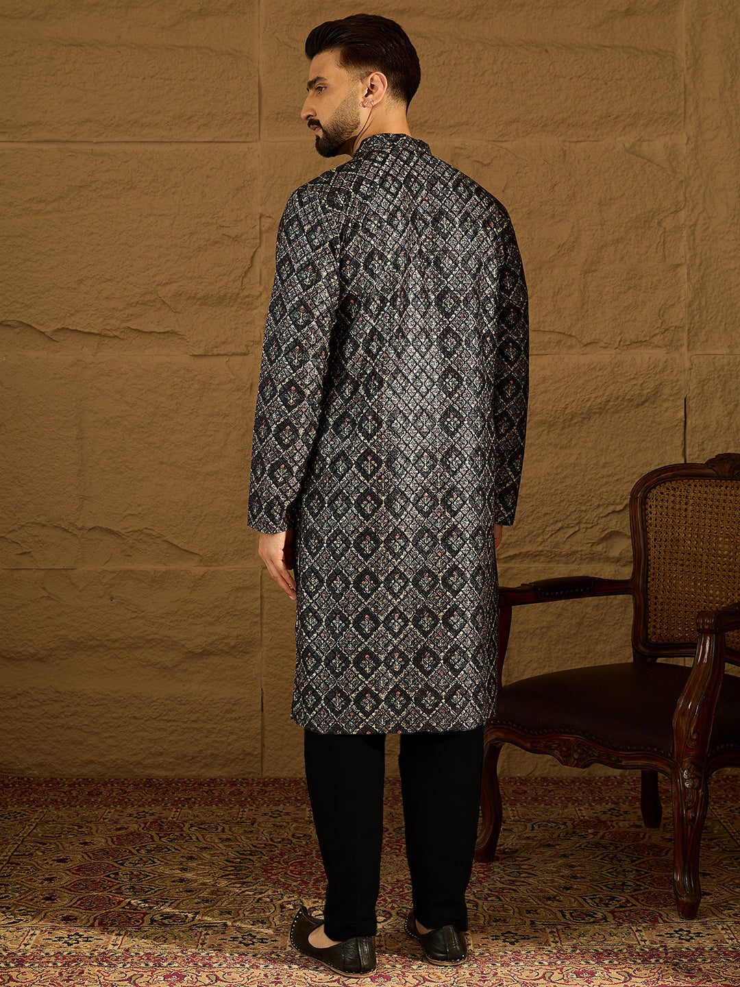 black viscose rayon geometric printed straight kurta with trouser