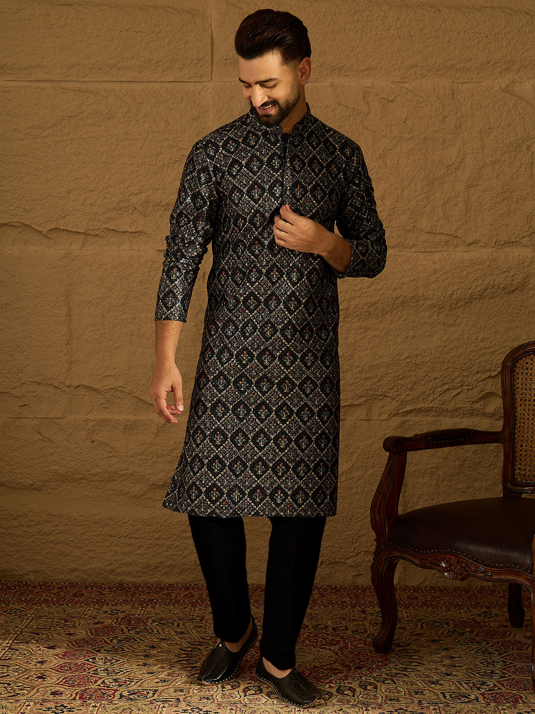 black viscose rayon geometric printed straight kurta with trouser
