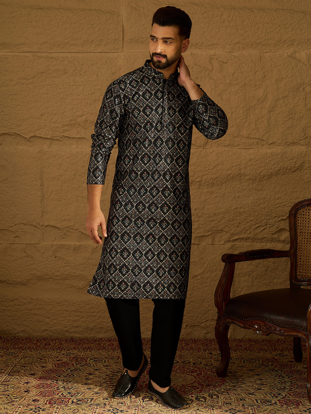 black viscose rayon geometric printed straight kurta with trouser