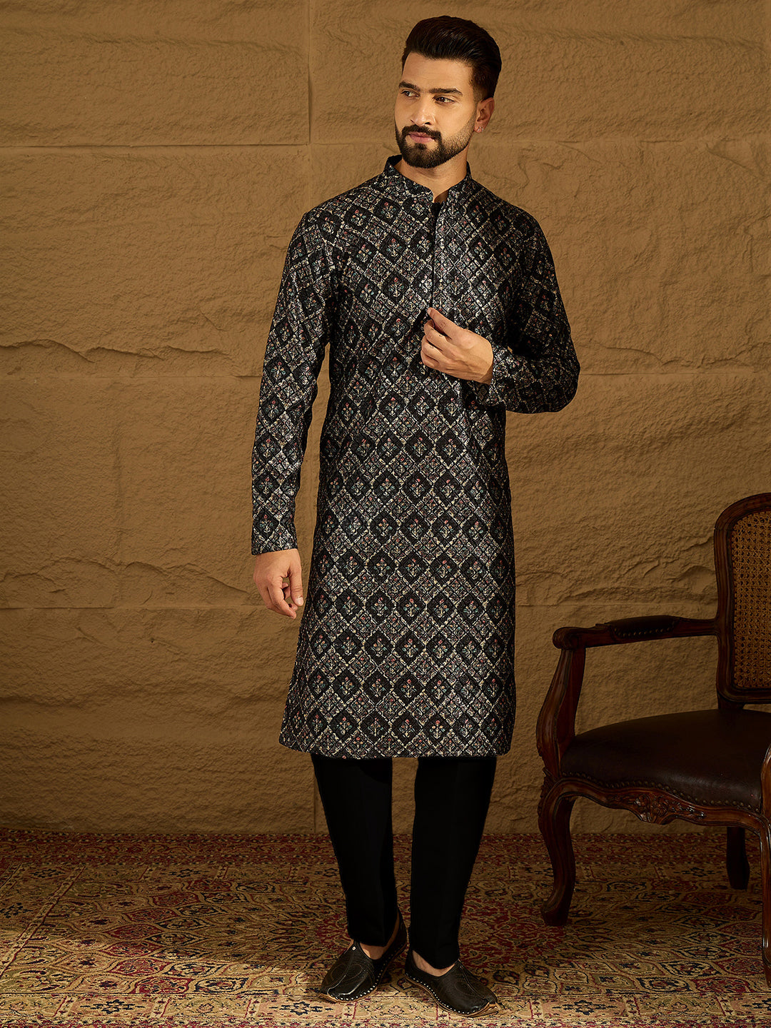 black viscose rayon geometric printed straight kurta