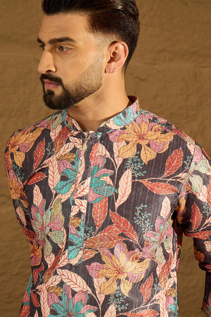 grey silk blend floral printed straight kurta with trouser
