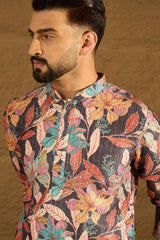 grey silk blend floral printed straight kurta with trouser