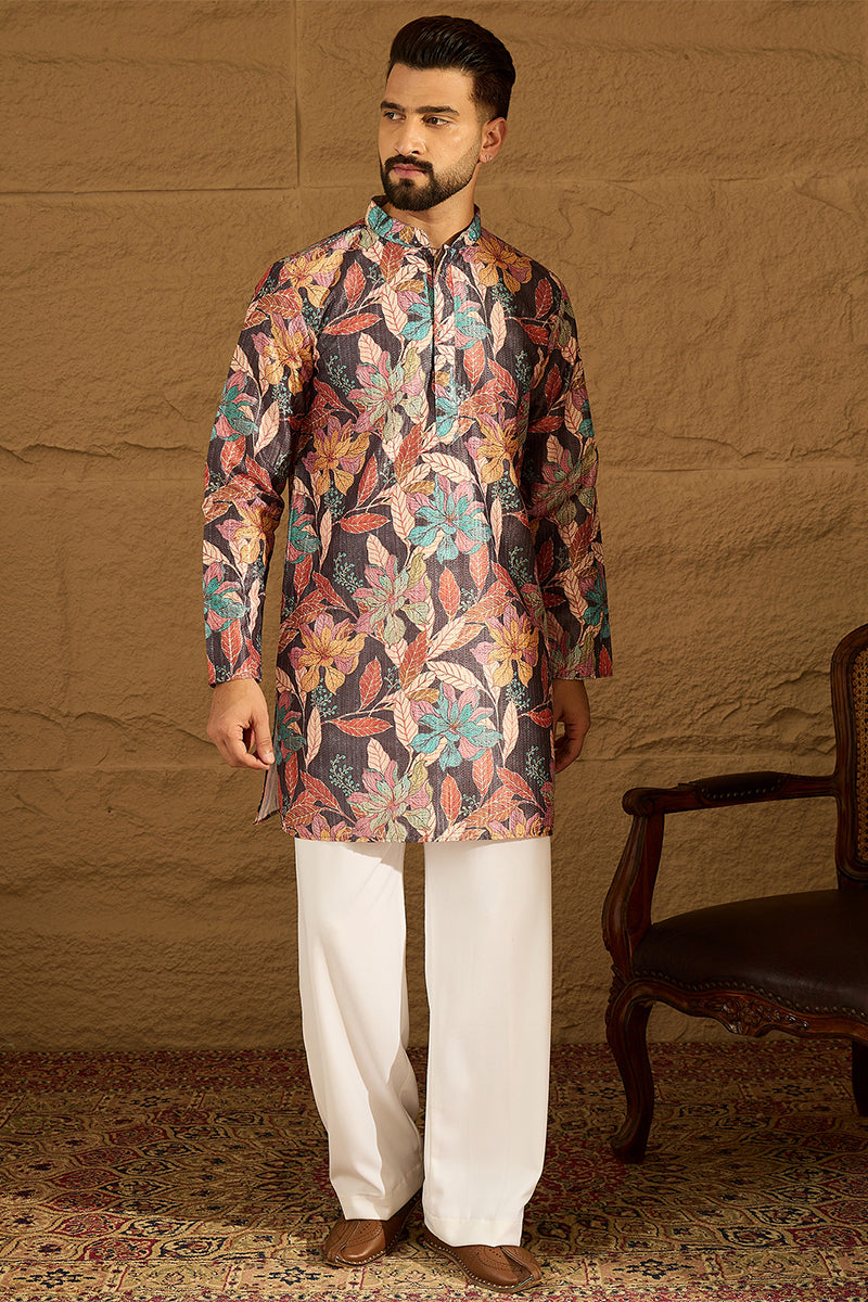 grey silk blend floral printed straight kurta with trouser