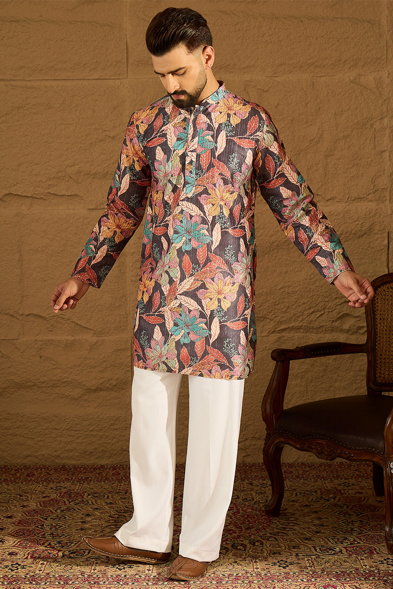 grey silk blend floral printed straight kurta with trouser
