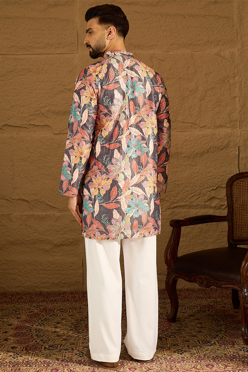 grey silk blend floral printed straight kurta with trouser