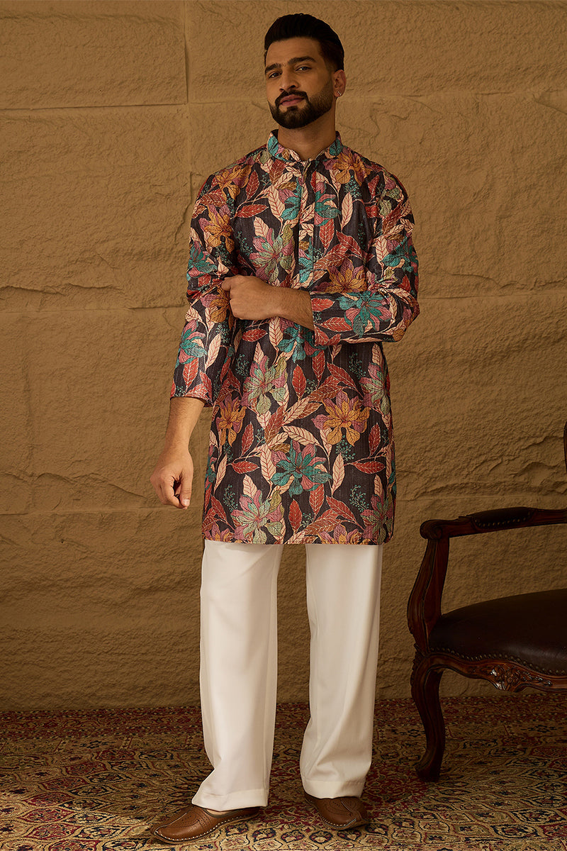 grey silk blend floral printed straight kurta with trouser