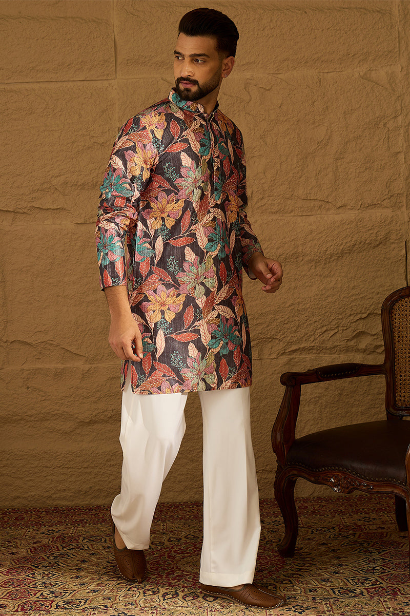 grey silk blend floral printed straight kurta with trouser