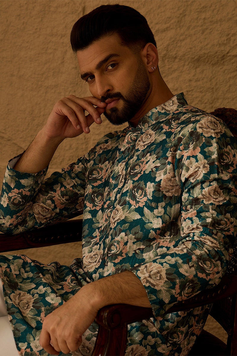 Teal Silk Blend Floral Printed Straight Kurta with Trouser MKSET1614