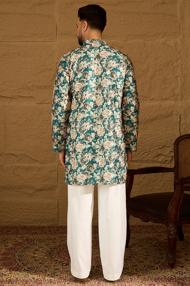 Teal Silk Blend Floral Printed Straight Kurta with Trouser