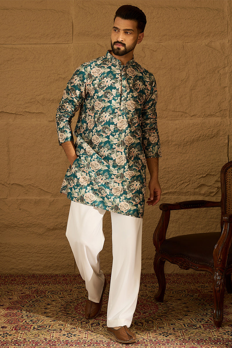 Teal Silk Blend Floral Printed Straight Kurta with Trouser MKSET1614