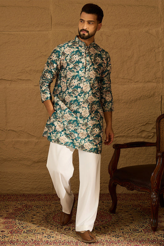 Teal Silk Blend Floral Printed Straight Kurta with Trouser MKSET1614