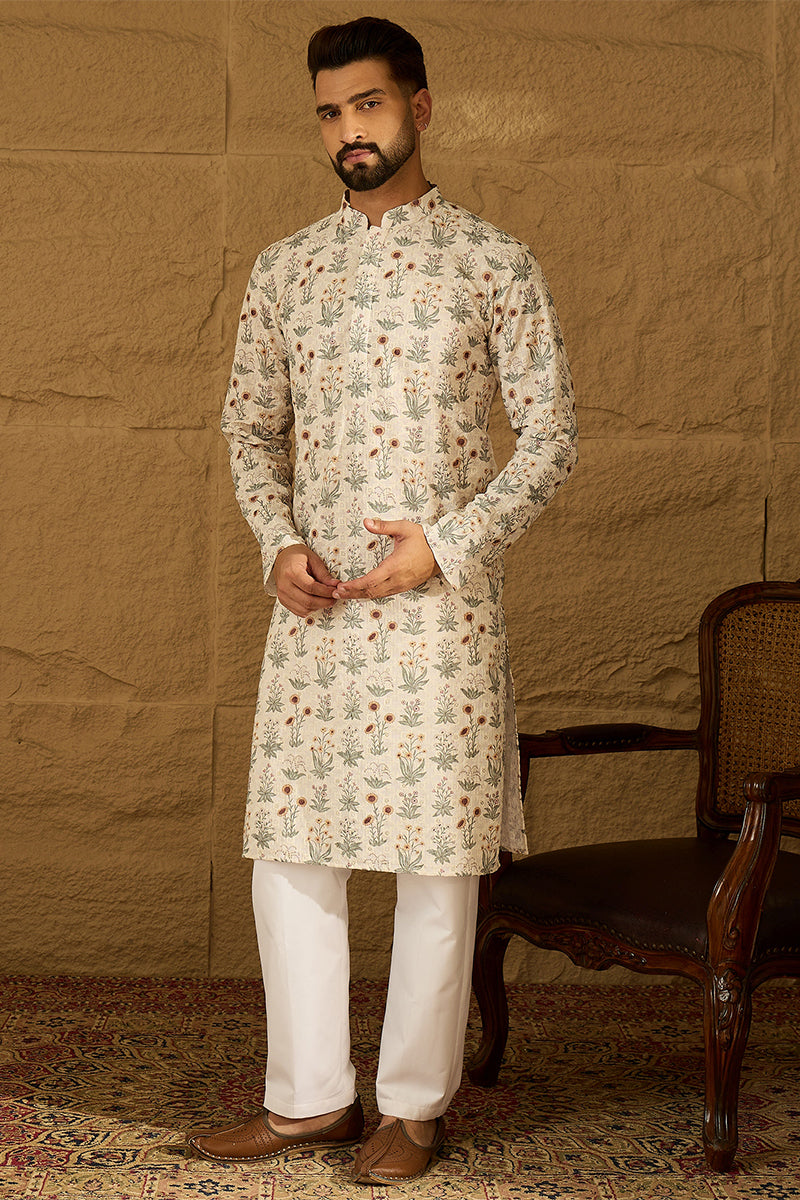 Off White Viscose Rayon Floral Printed Straight Kurta with Trouser MKSET1615