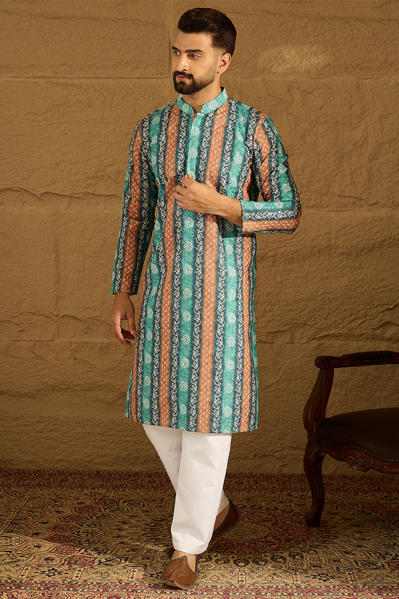 blue viscose rayon ethnic motifs printed straight kurta with trouser