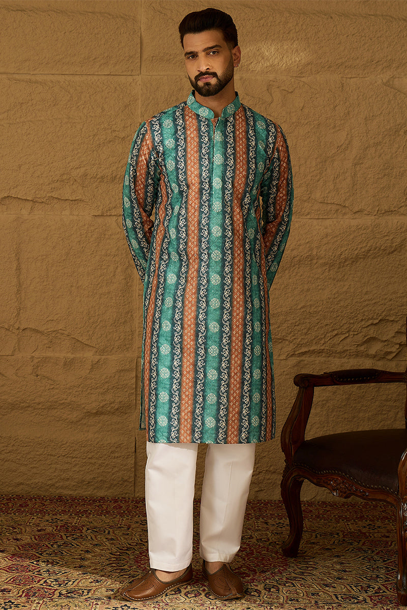 blue viscose rayon ethnic motifs printed straight kurta with trouser