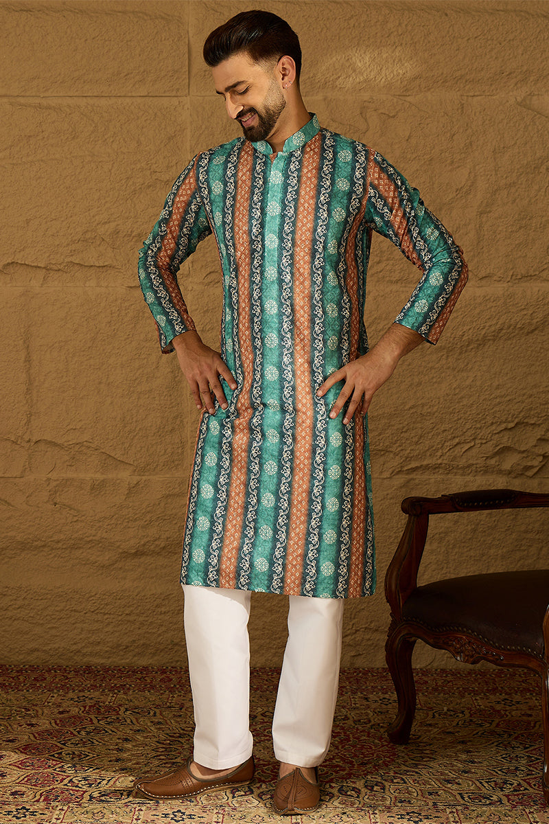 blue viscose rayon ethnic motifs printed straight kurta with trouser