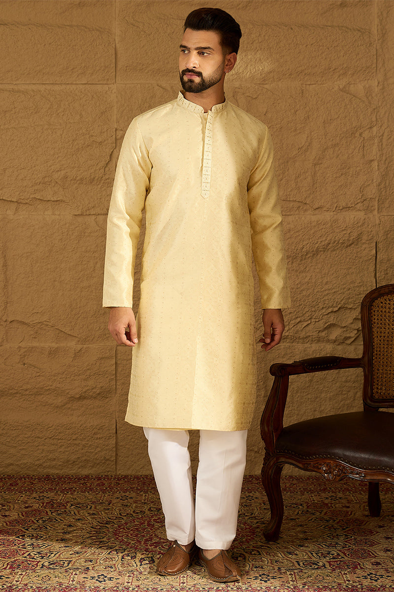 Beige Silk Blend Solid Printed Straight Kurta MKU1650