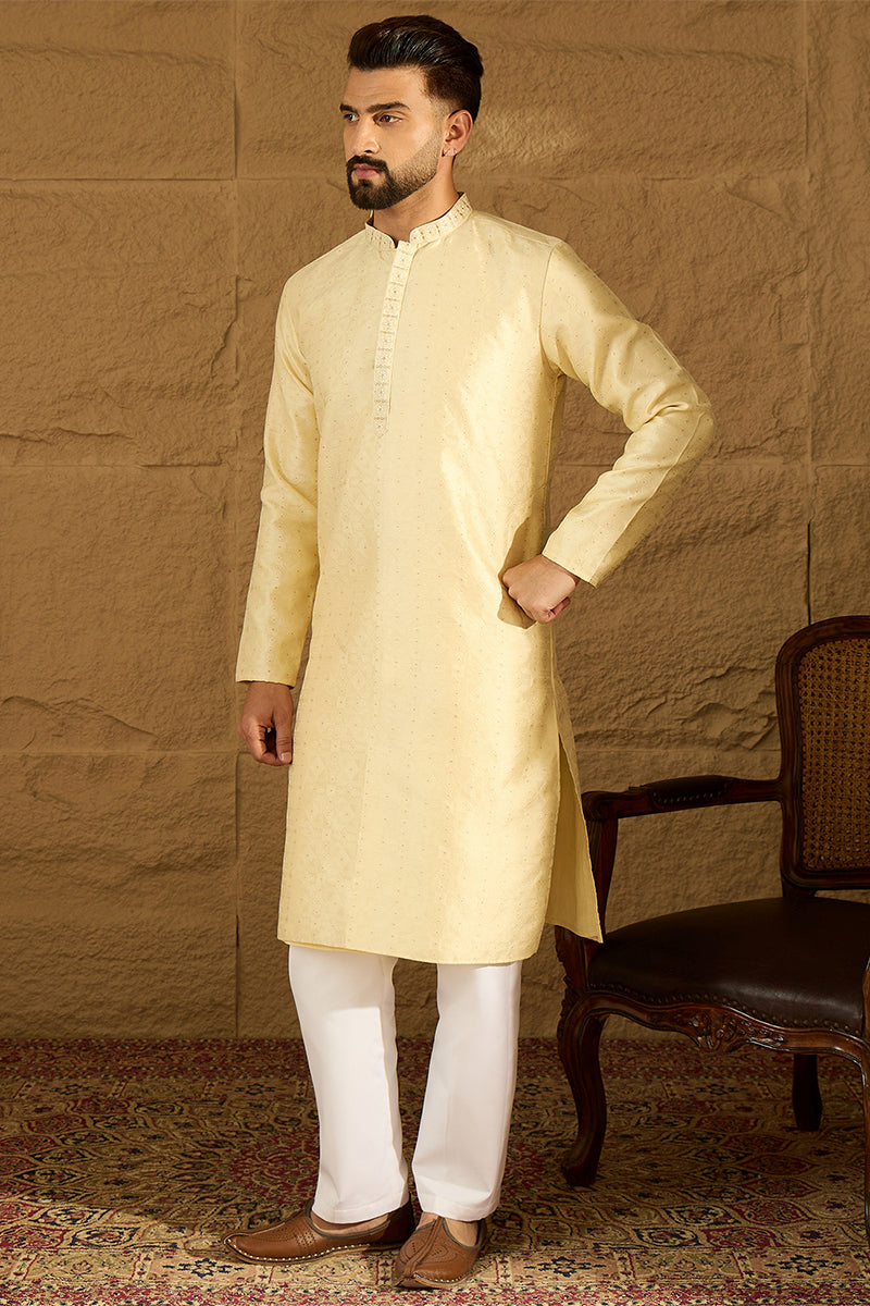 Beige Silk Blend Solid Printed Straight Kurta with Trouser MKSET1650