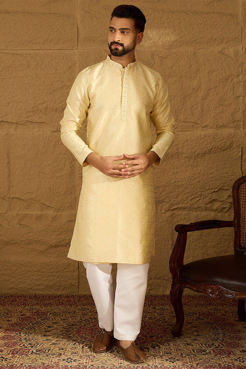 Beige Silk Blend Solid Printed Straight Kurta