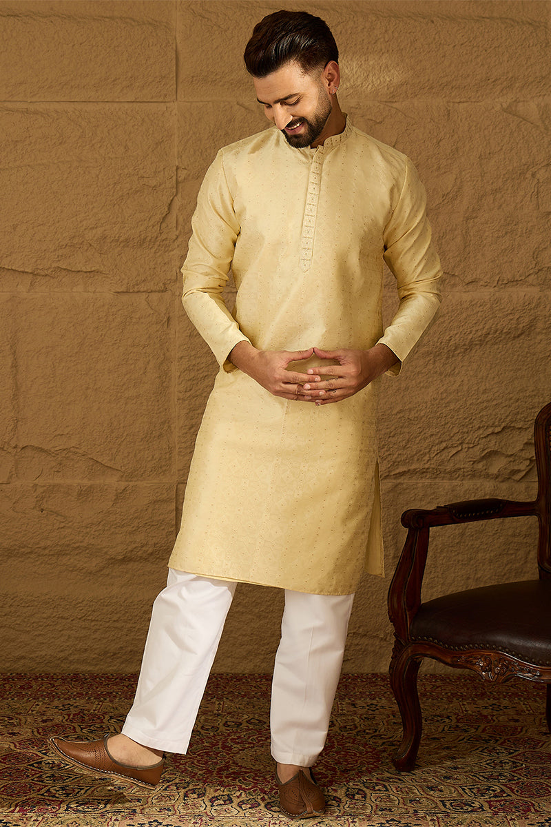Beige Silk Blend Solid Printed Straight Kurta