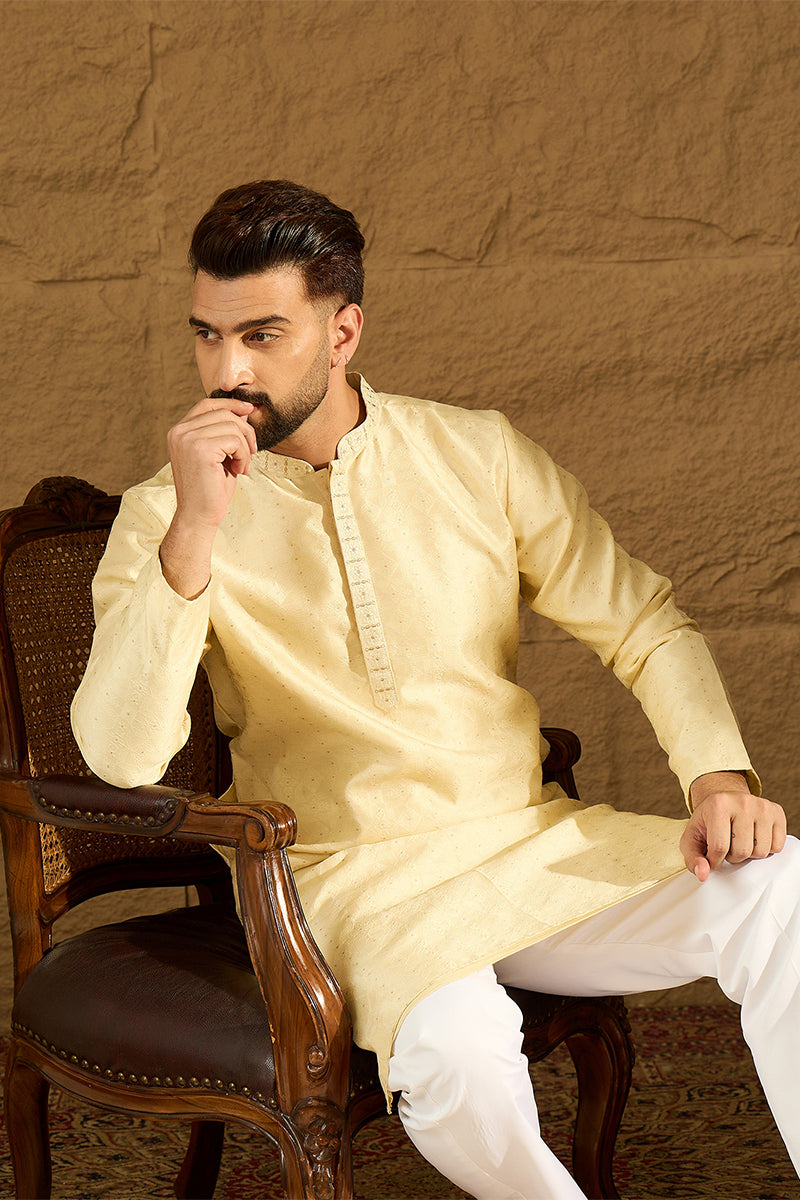 Beige Silk Blend Solid Printed Straight Kurta with Trouser