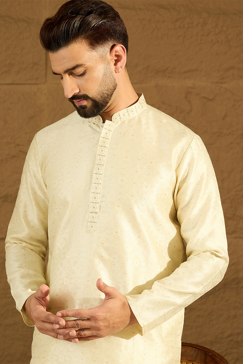 Yellow Silk Blend Solid Printed Straight Kurta with Trouser MKSET1651