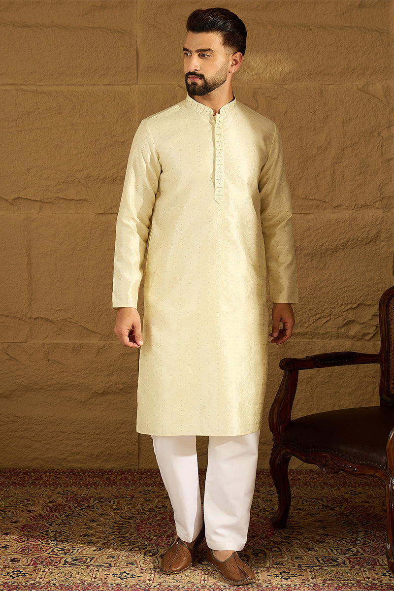 Yellow Silk Blend Solid Printed Straight Kurta with Trouser MKSET1651
