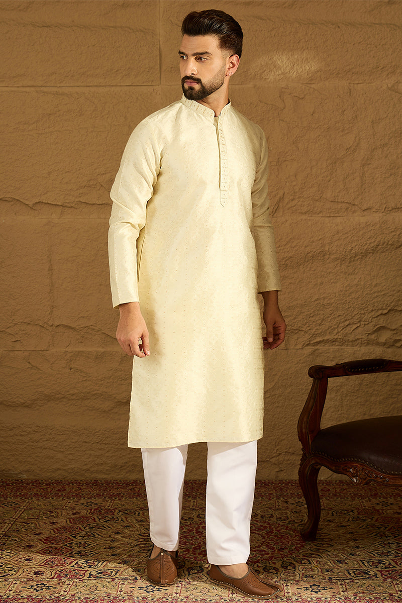 Yellow Silk Blend Solid Printed Straight Kurta with Trouser MKSET1651