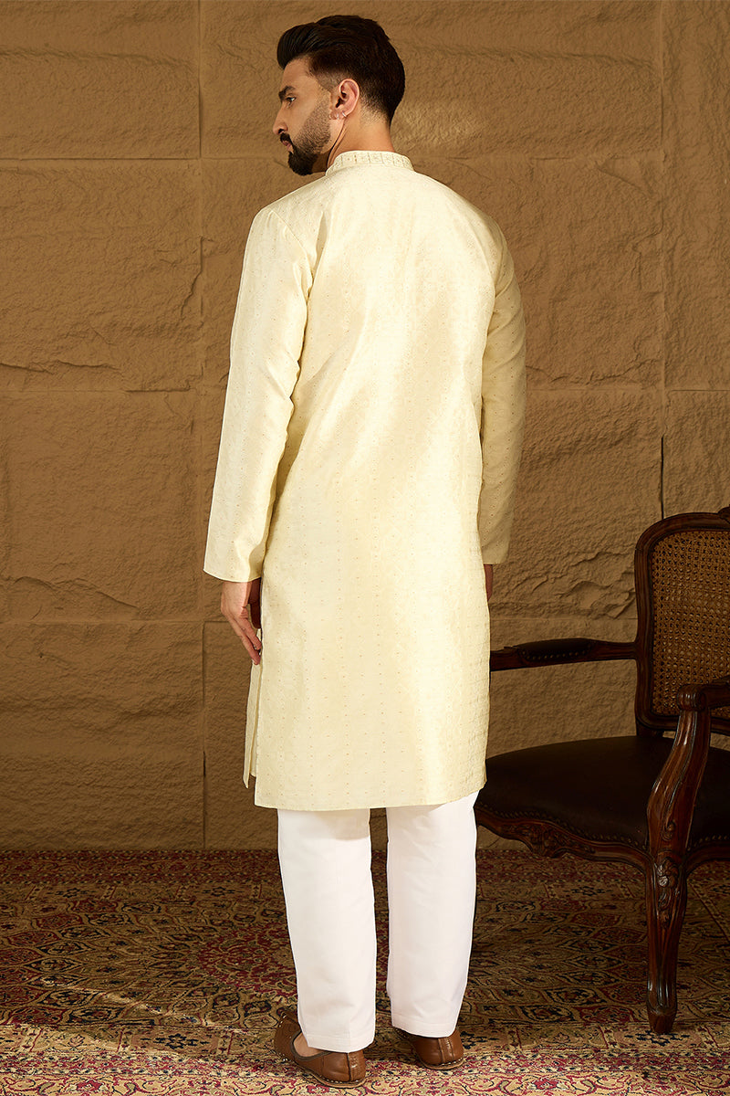 Yellow Silk Blend Solid Printed Straight Kurta with Trouser MKSET1651