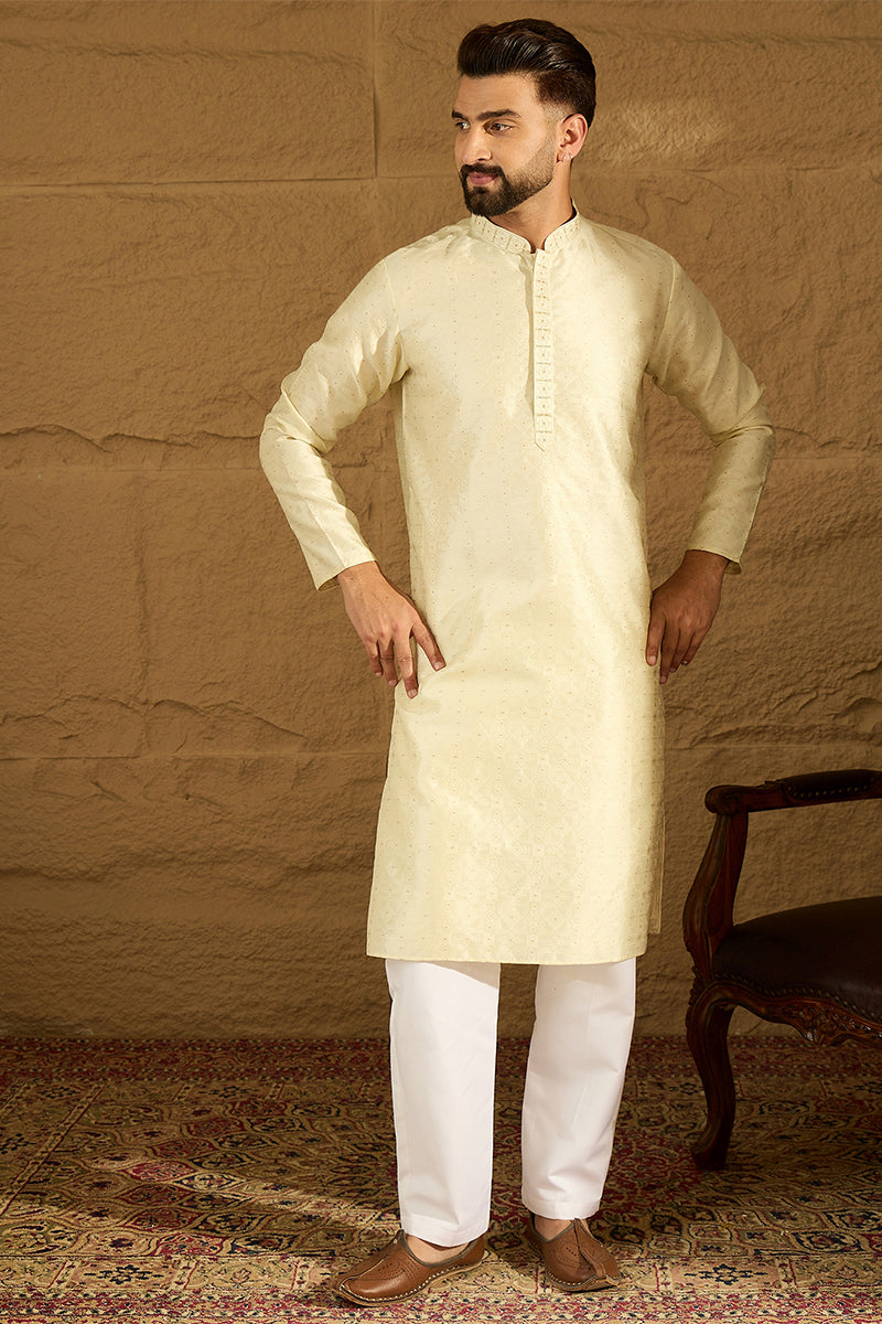Yellow Silk Blend Solid Printed Straight Kurta with Trouser