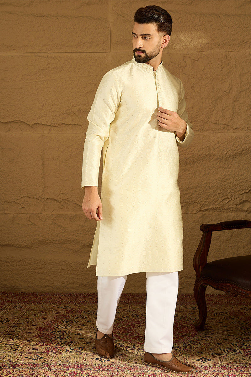 Yellow Silk Blend Solid Printed Straight Kurta with Trouser