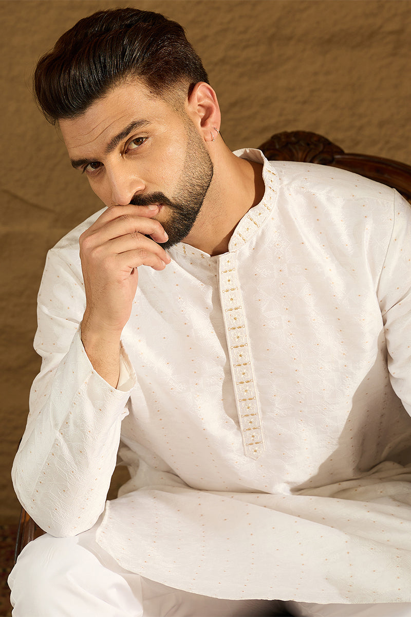 white silk blend solid printed straight kurta with trouser