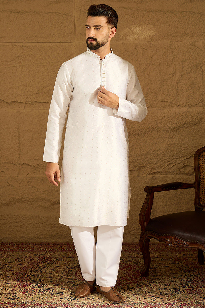 white silk blend solid printed straight kurta with trouser