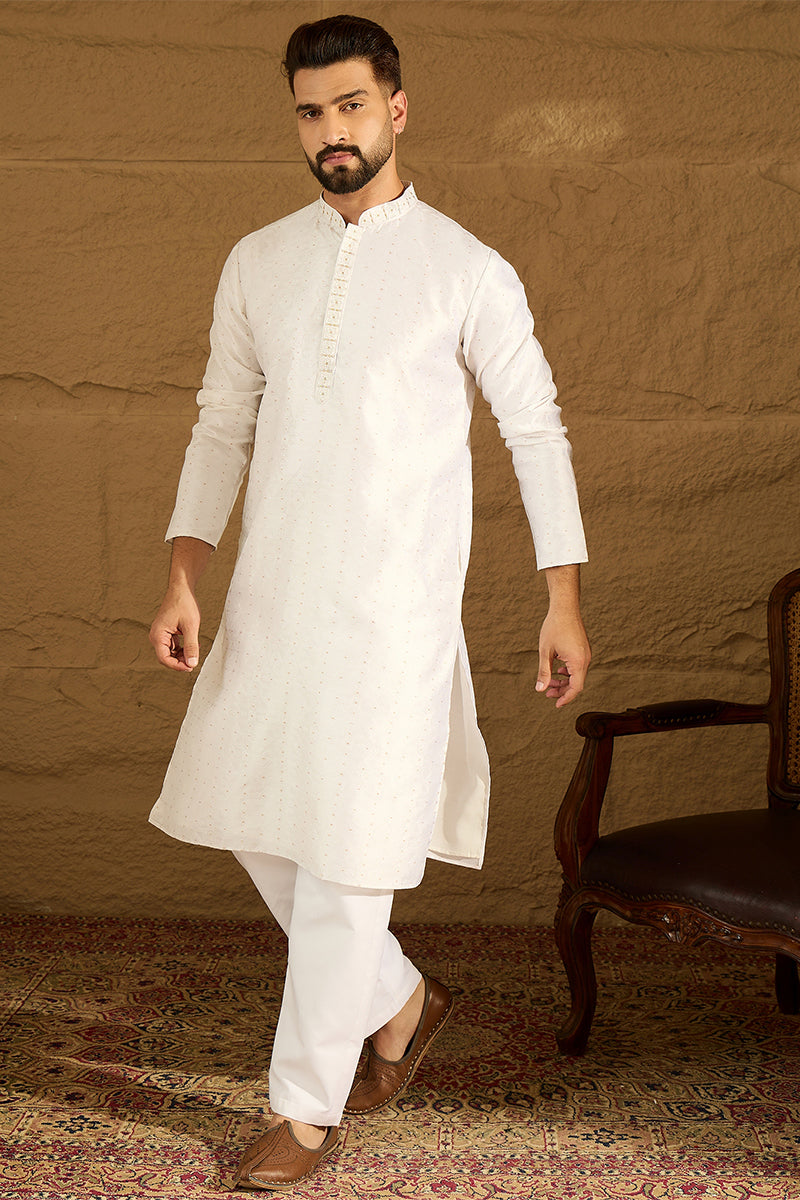 white silk blend solid printed straight kurta with trouser