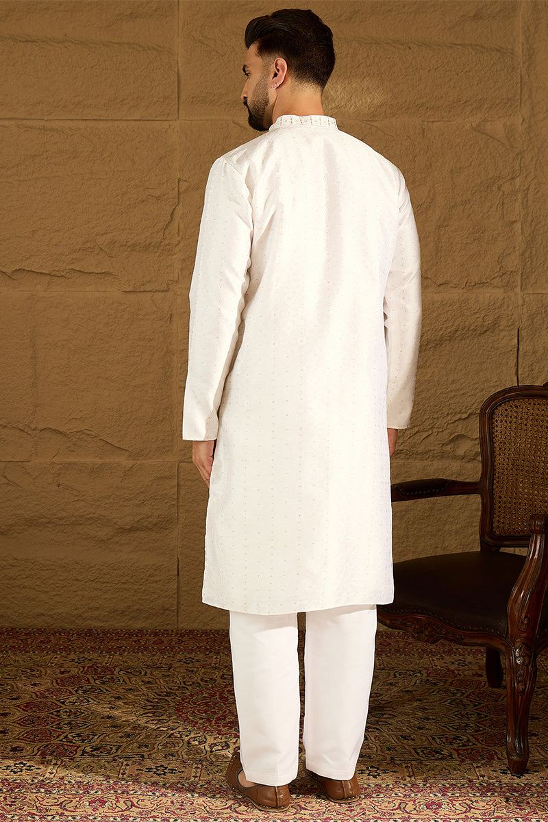 white silk blend solid printed straight kurta with trouser