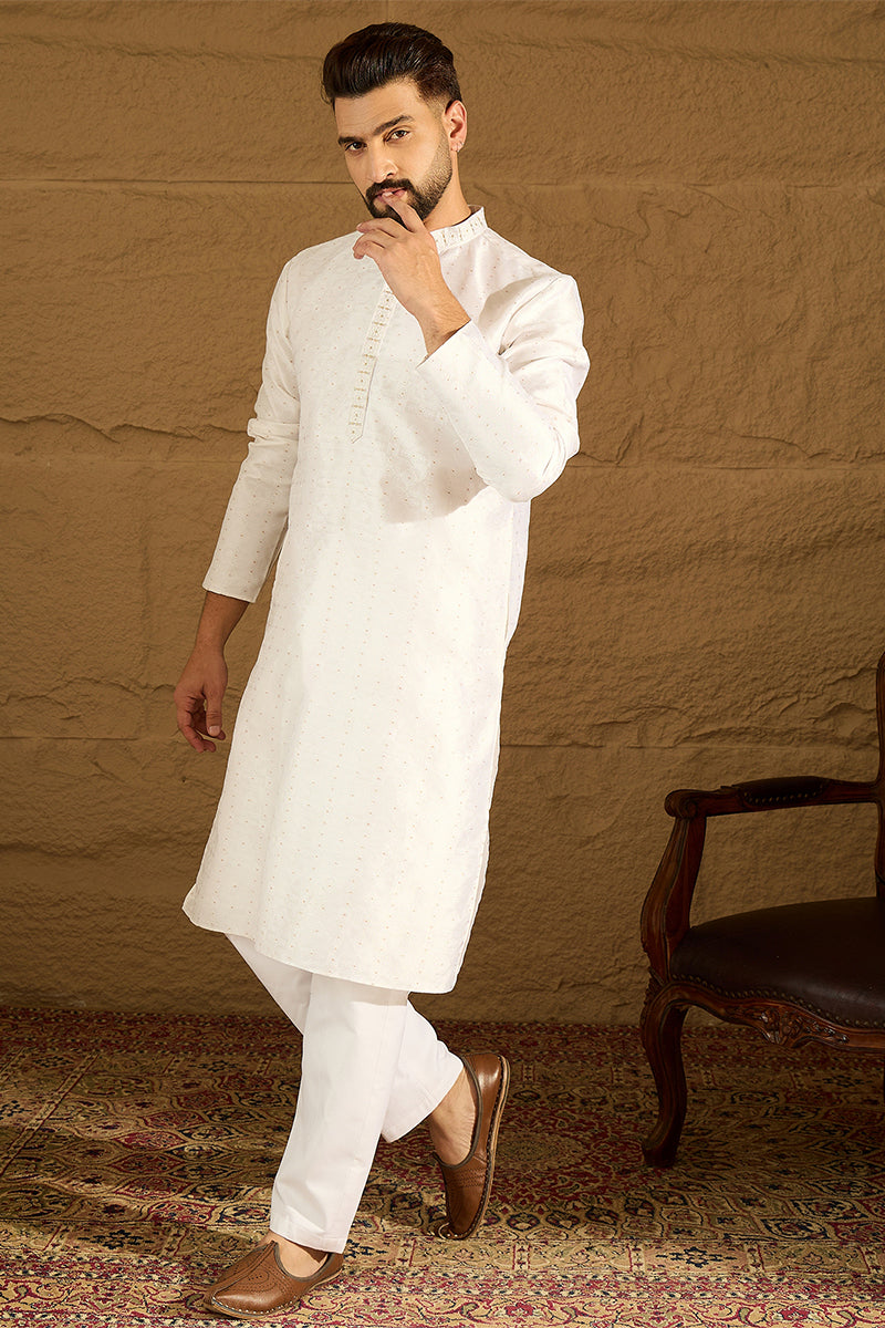 white silk blend solid printed straight kurta with trouser