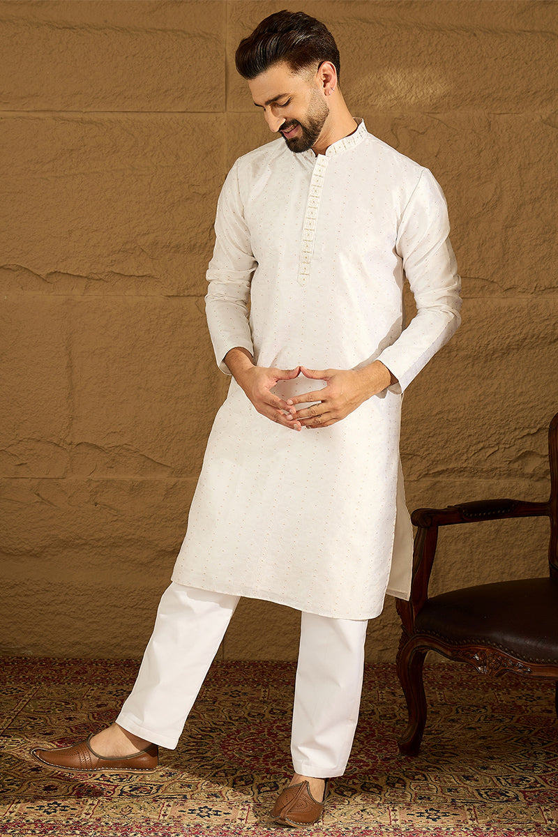 white silk blend solid printed straight kurta with trouser