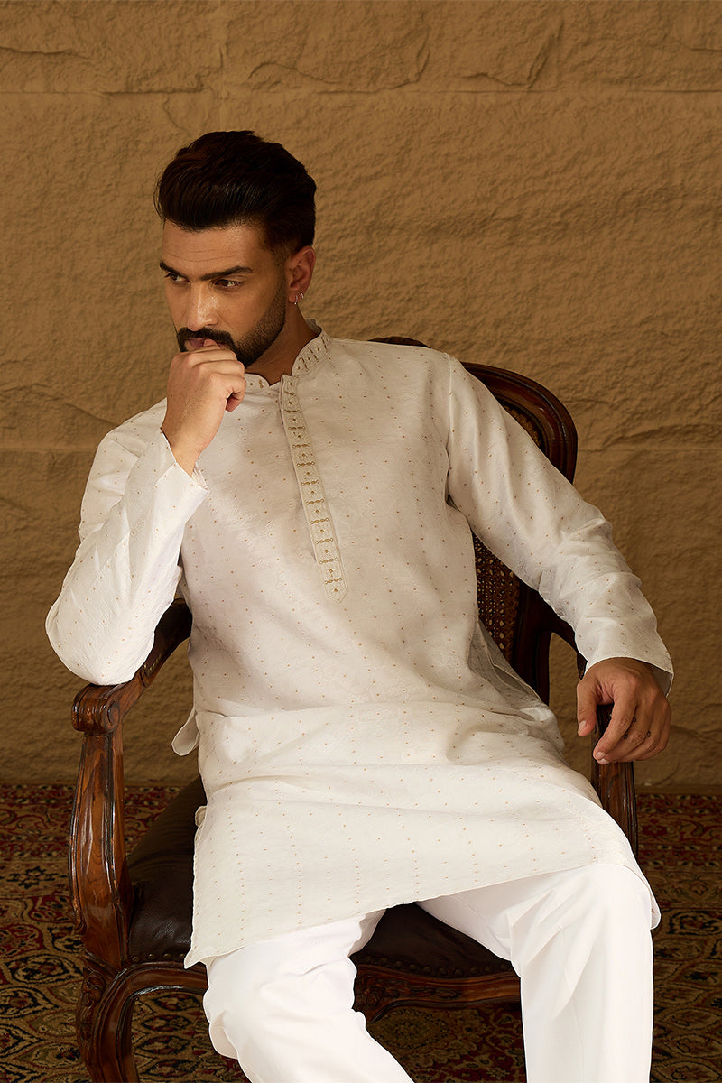 white silk blend solid printed straight kurta with trouser