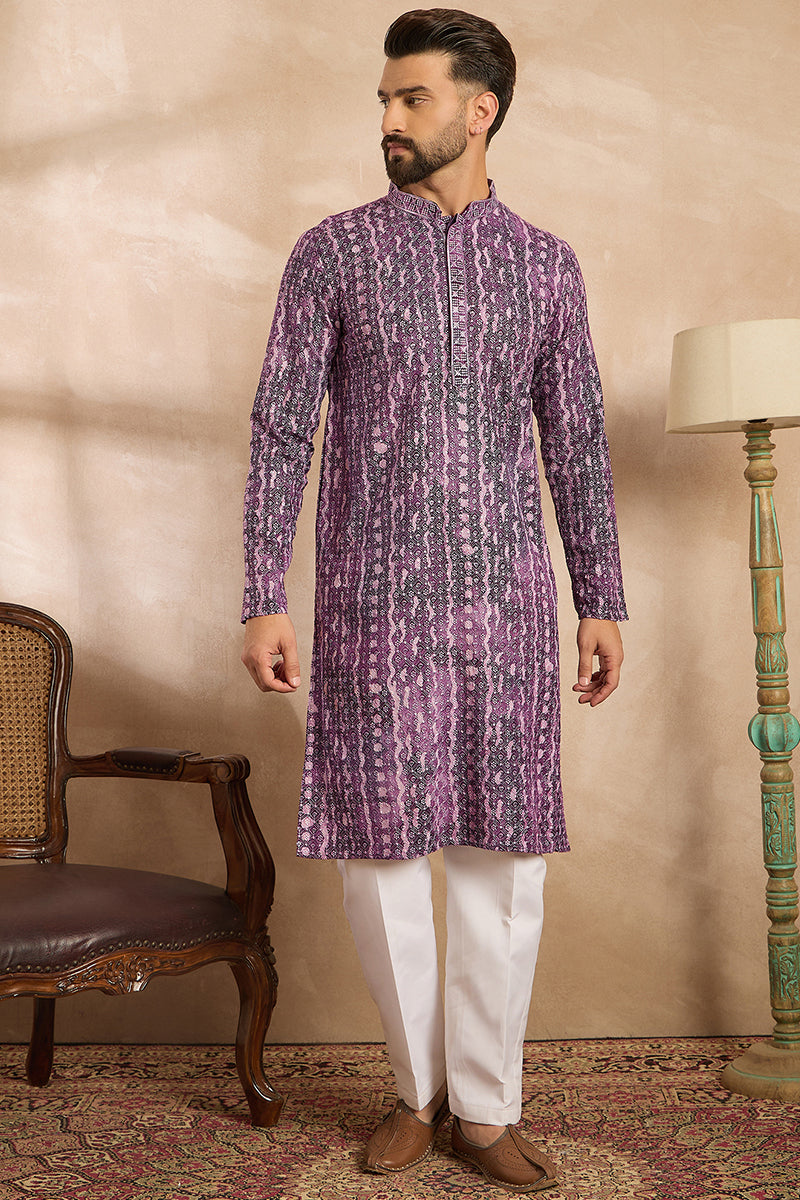 Purple Viscose Rayon Solid Printed Straight Kurta