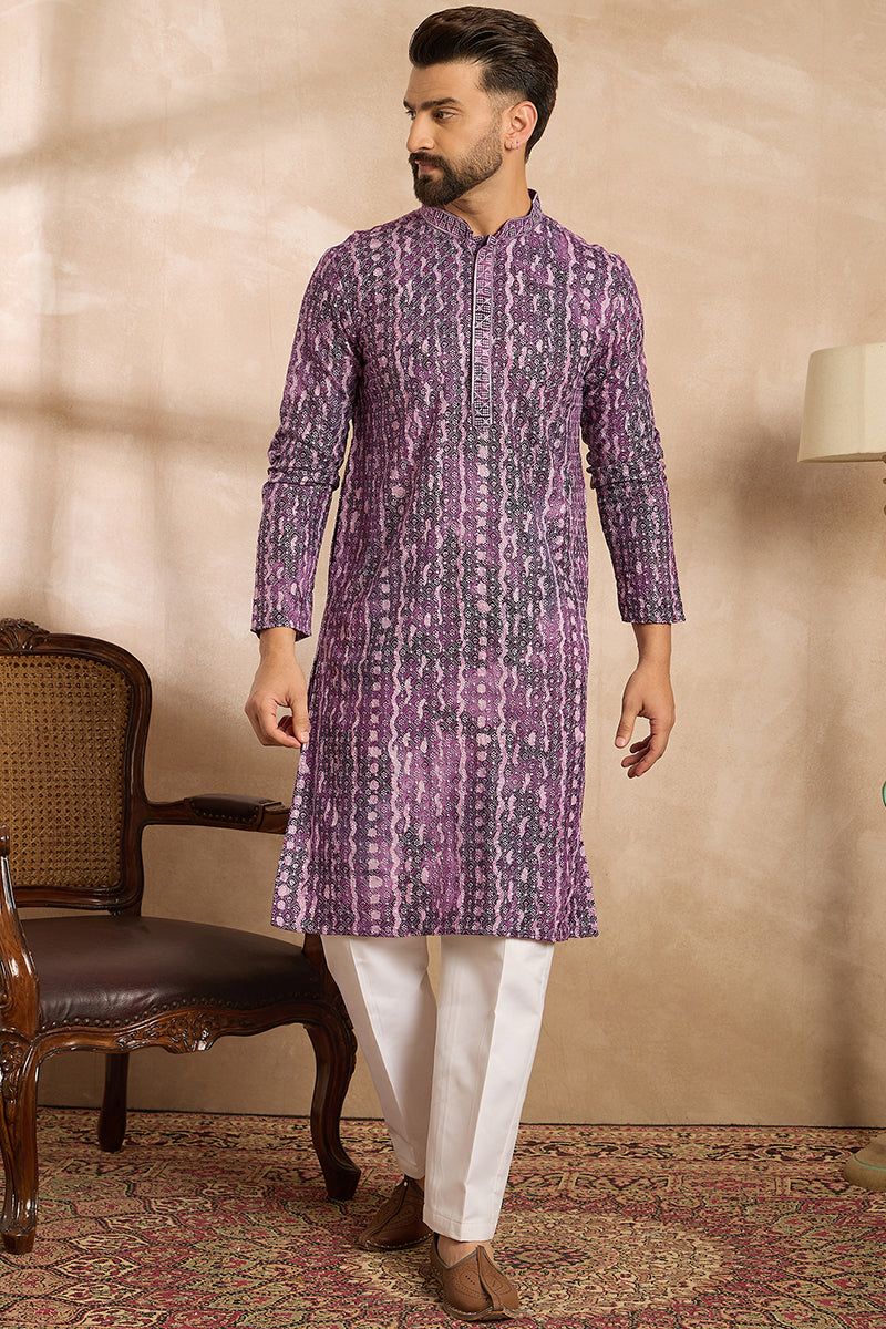 Purple Viscose Rayon Solid Printed Straight Kurta