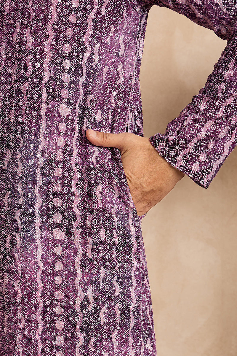 Purple Viscose Rayon Solid Printed Straight Kurta