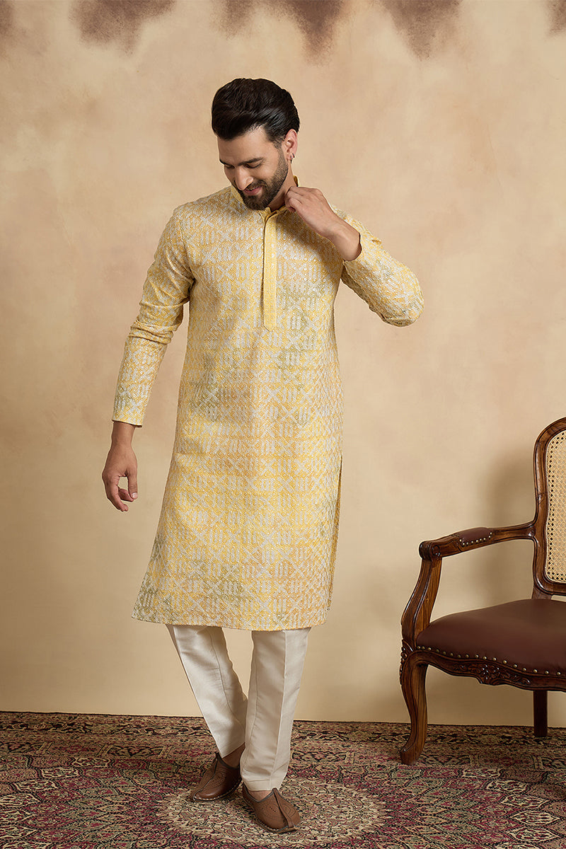 Yellow Viscose Rayon Embroidered Straight Kurta With Trousers